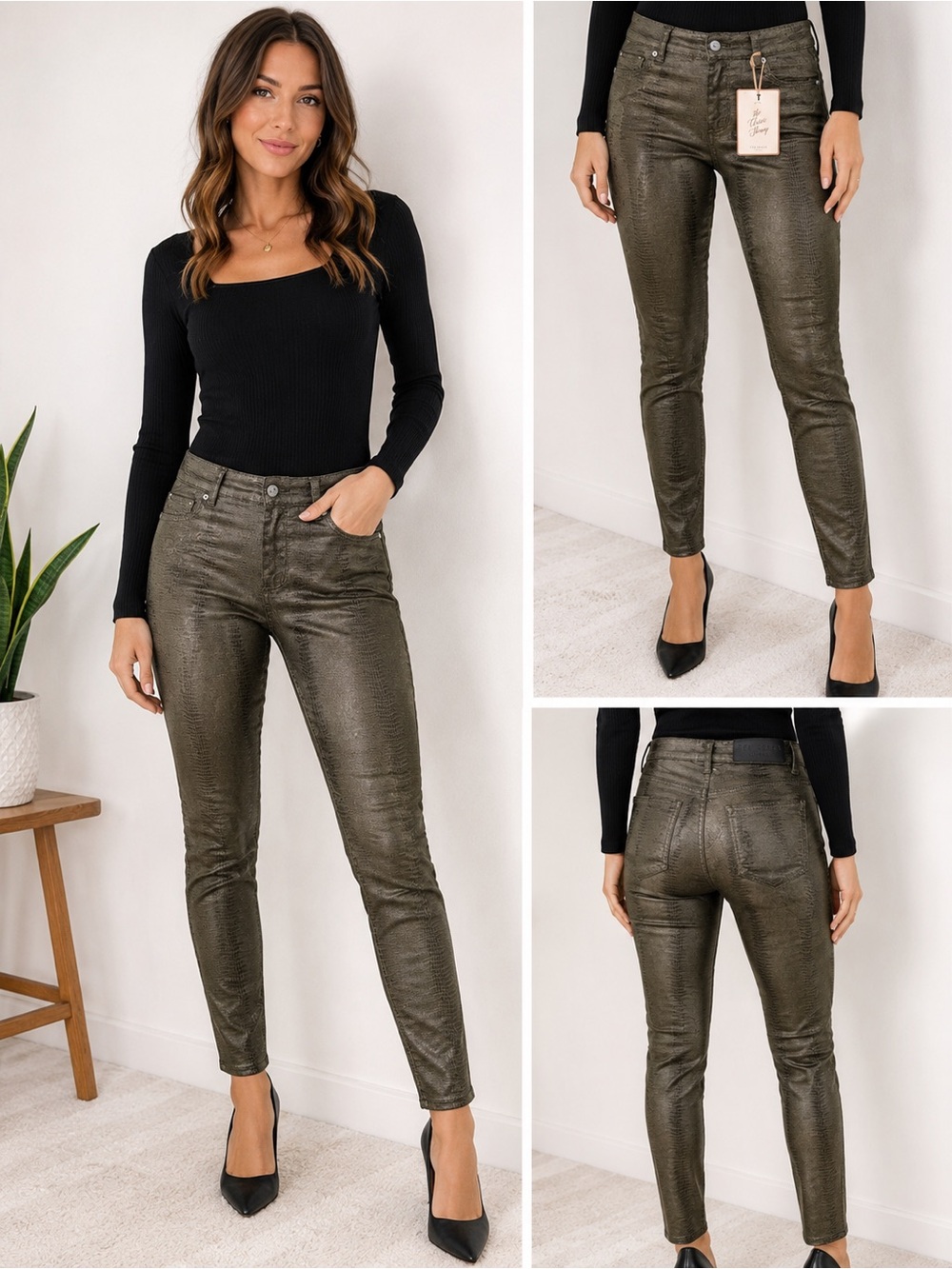 Ted Baker London skinny jeans w green croc-reptile print and a metallic sheen.